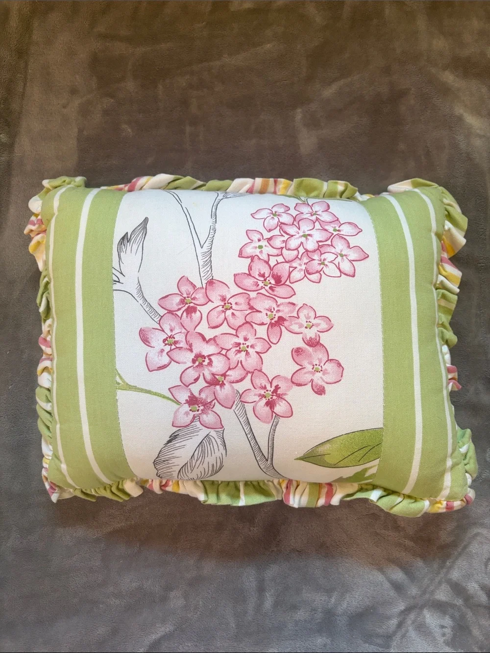 Floral Pink & Green Ruffled Decorative Pillow